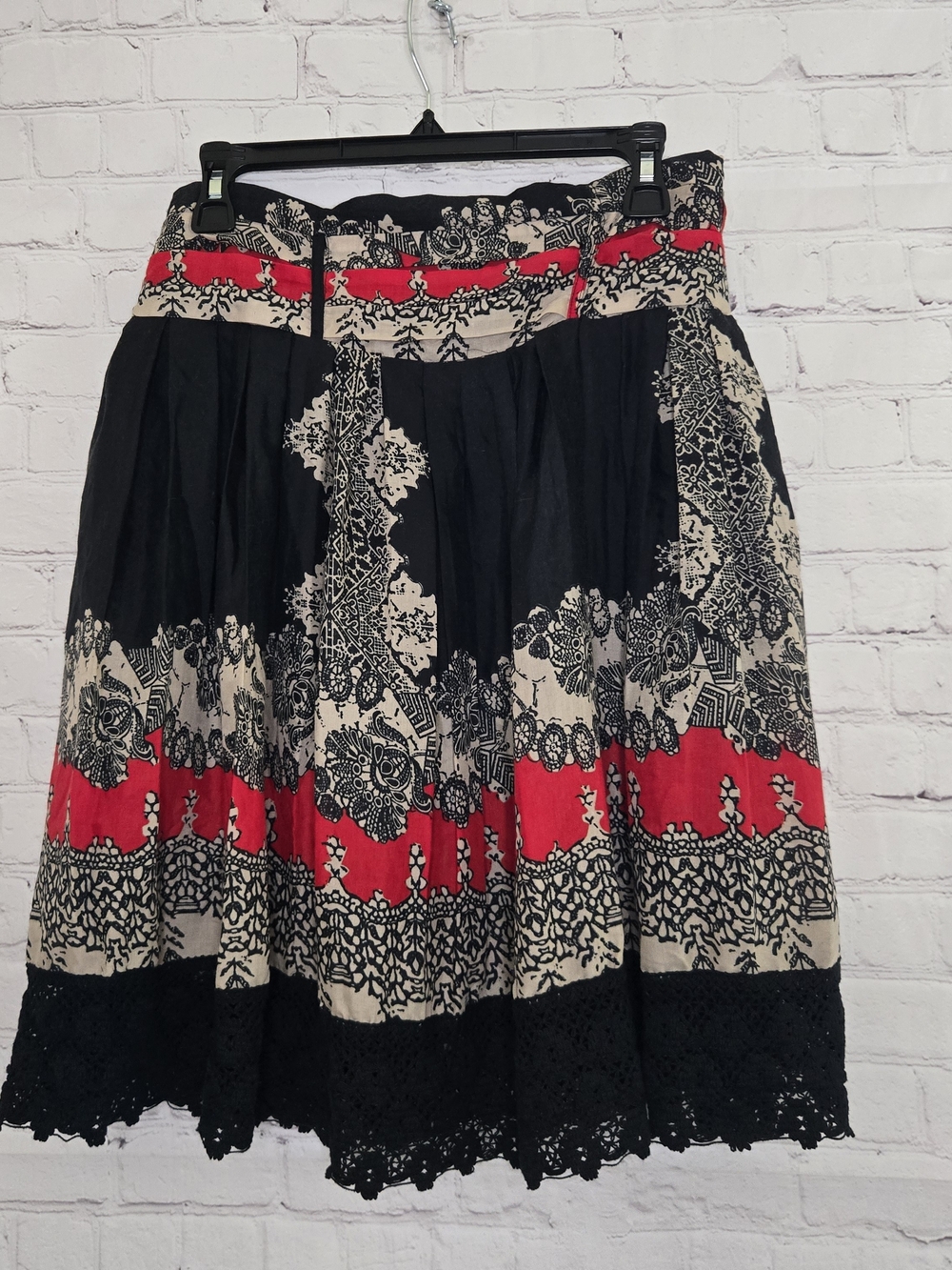 Boho Floral Panel Circle Skirt in Black, Red & Cream